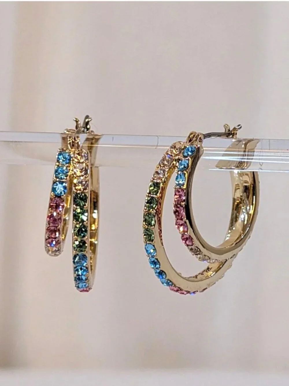Karl Lagerfeld Gold Hoop Earrings With Multicolor Rainbow Stones